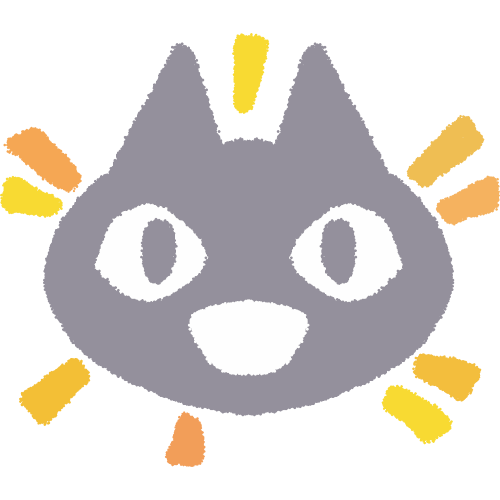 a grey cat head with a happy expression, various yellow and orange lines are around to show expression